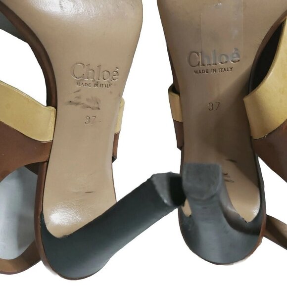 CHLOE Women's Brown & Camel Leather Ankle Strap Buckle Sandal Heels Size 6/37 - Picture 10 of 16